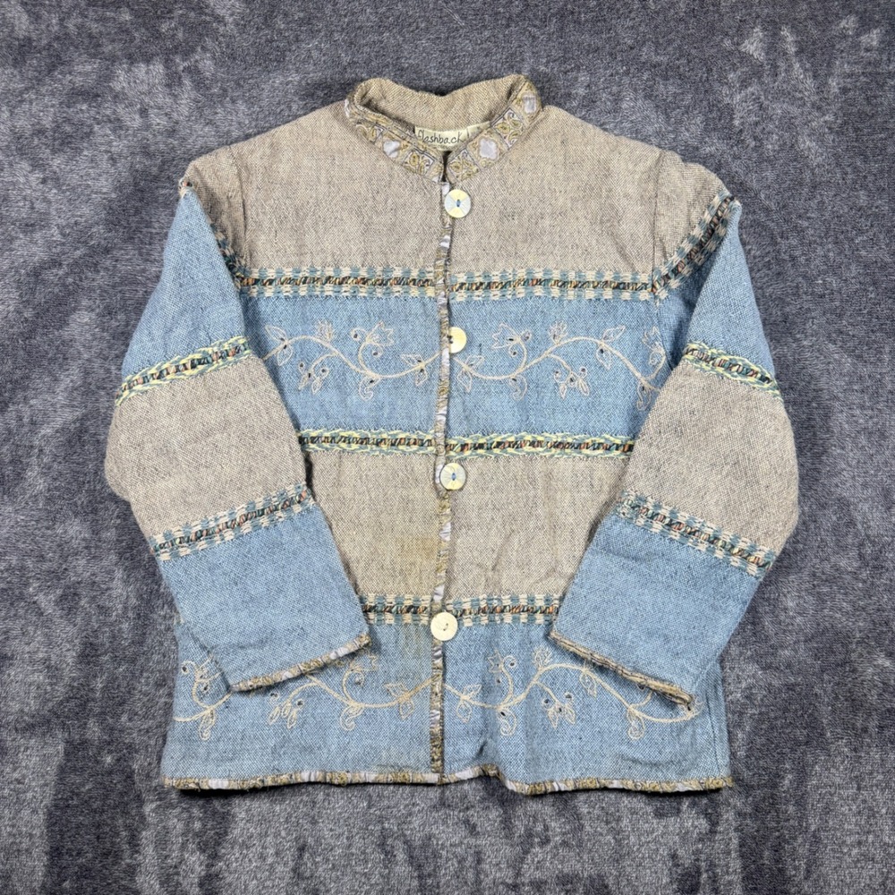 Vintage Flashback Cotton Embroidered Boho Jacket Blue Tan XL Floral Woven Trim
